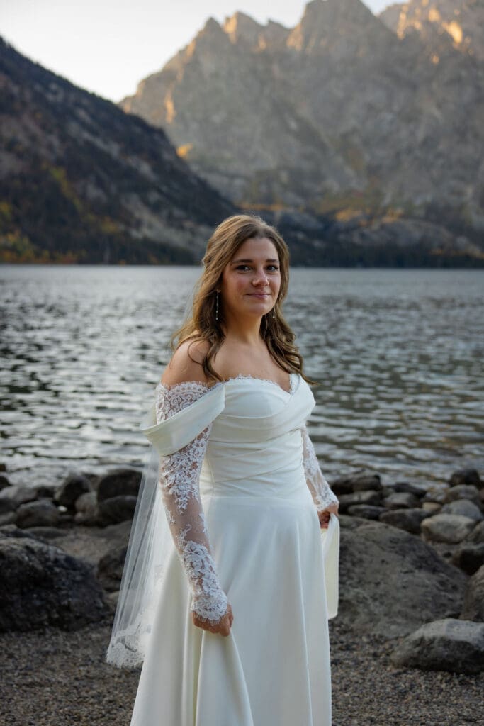 Bride looks at camera 