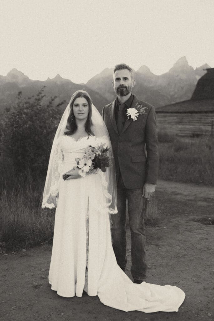 Bride and Groom reenact vintage family photo
