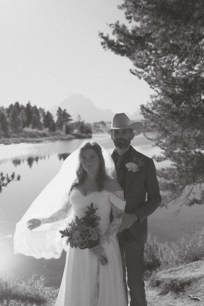Bride and groom pose for portraits 