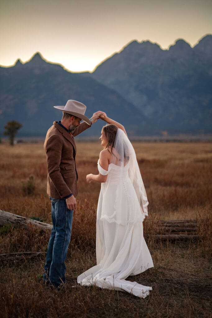 Bride and Groom dance at Mormon Row