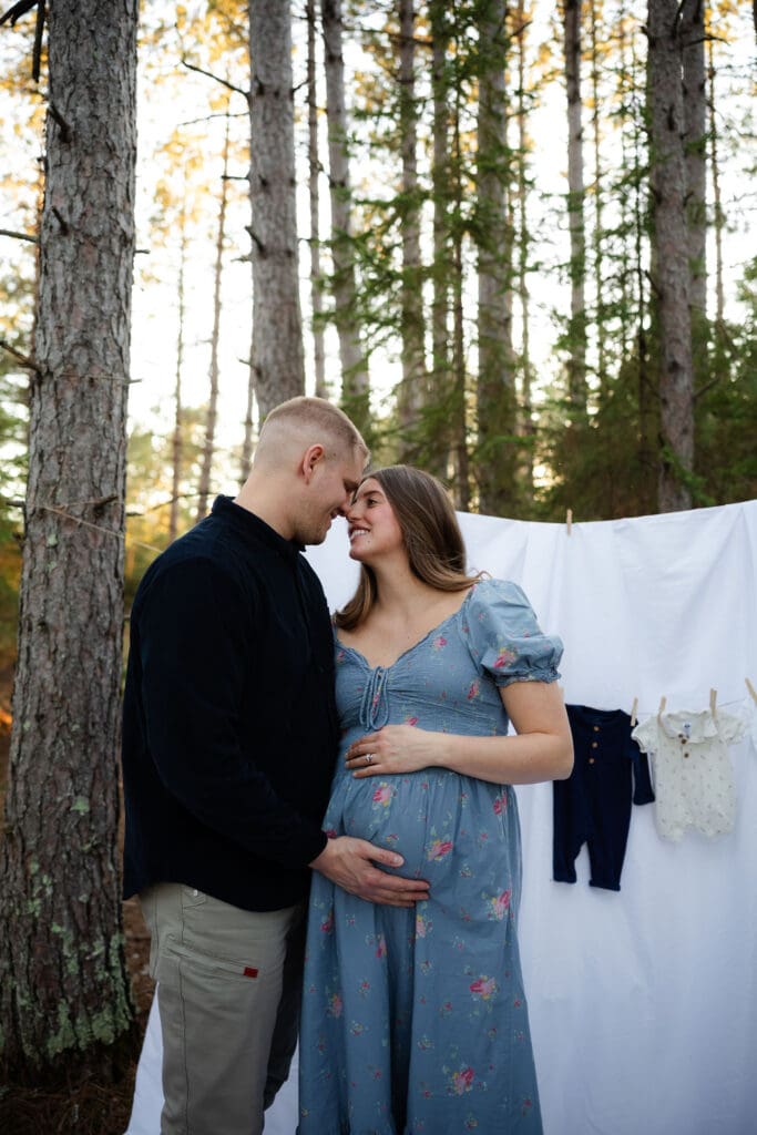 Husband and wife joyfully smile at each other 